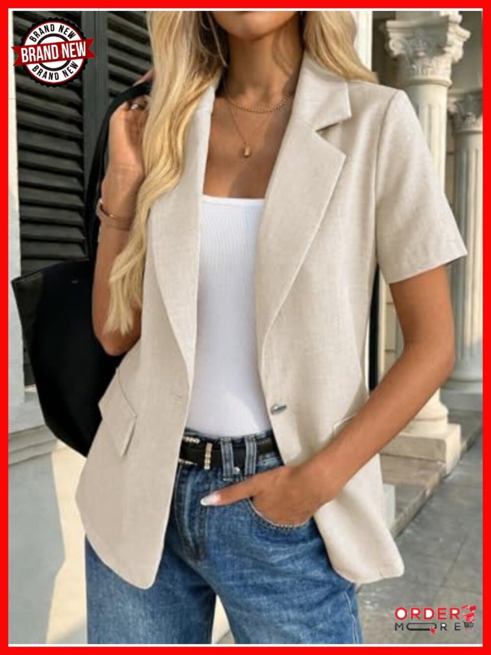 Short Sleeve Blazer - Full-Lined Open-Front Lightweight Casual Work Pocket - Picture 2 of 6